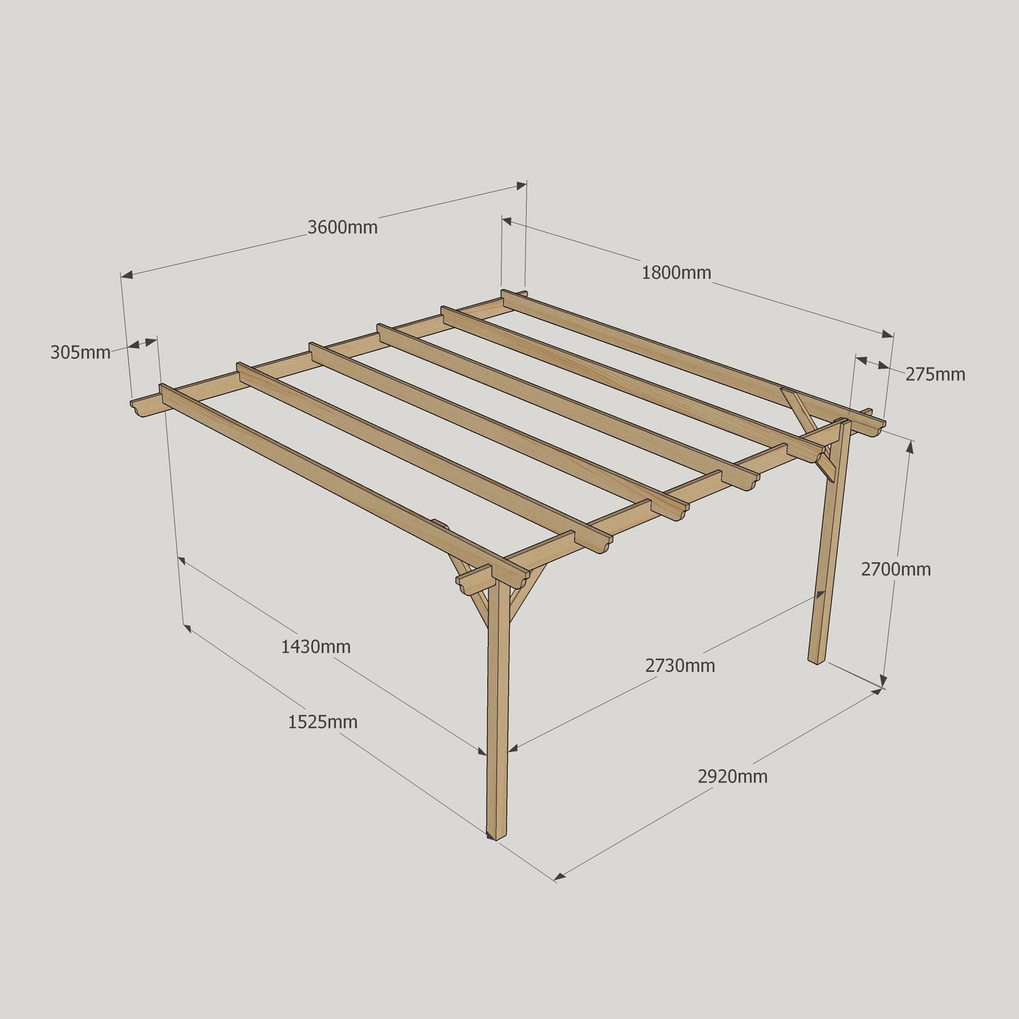 Wall Mounted Garden Pergola - Rustic Brown - 1.8m Depth x 3.6m Length