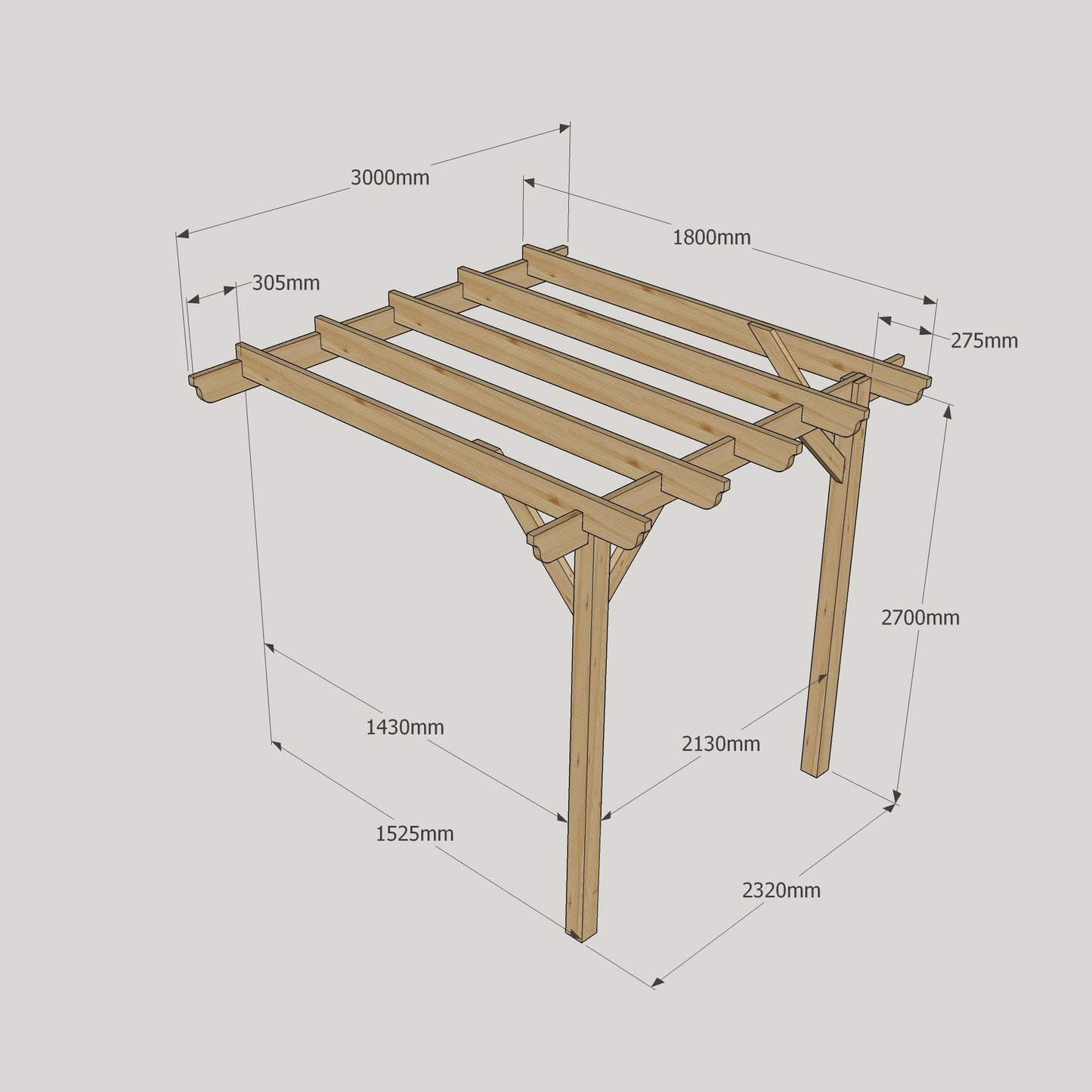 Wall Mounted Garden Pergola - Rustic Brown - 1.8m Depth x 3m Length