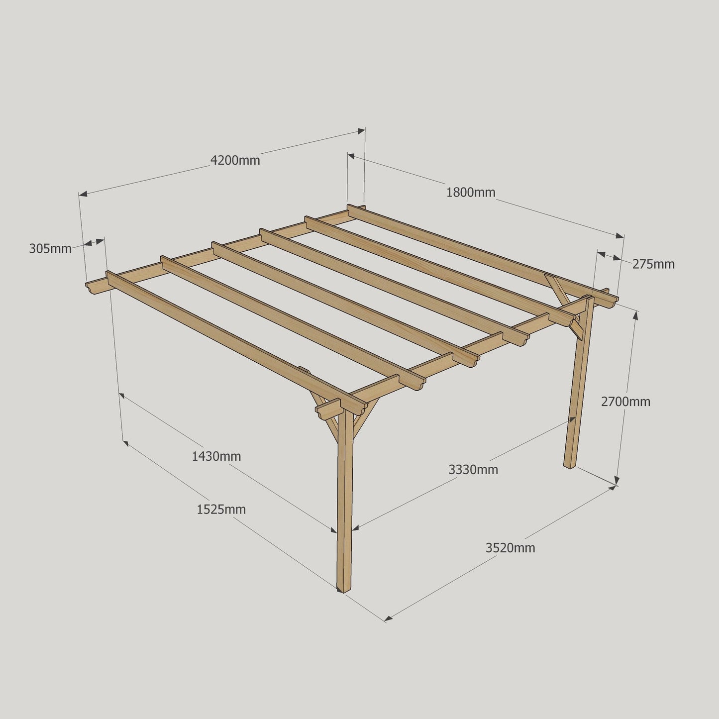 Wall Mounted Garden Pergola - Rustic Brown - 1.8m Depth x 4.2m Length