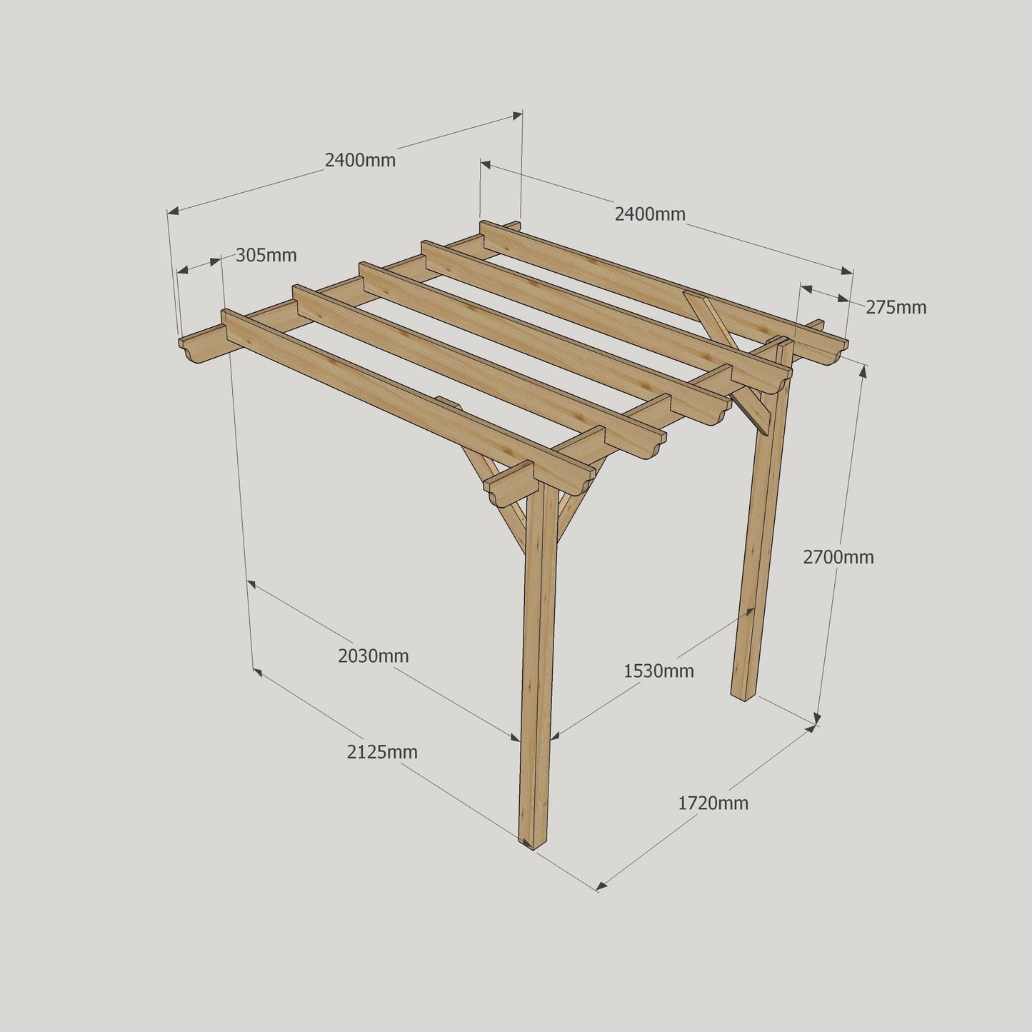 Wall Mounted Garden Pergola - Rustic Brown - 2.4m Depth x 2.4m Length