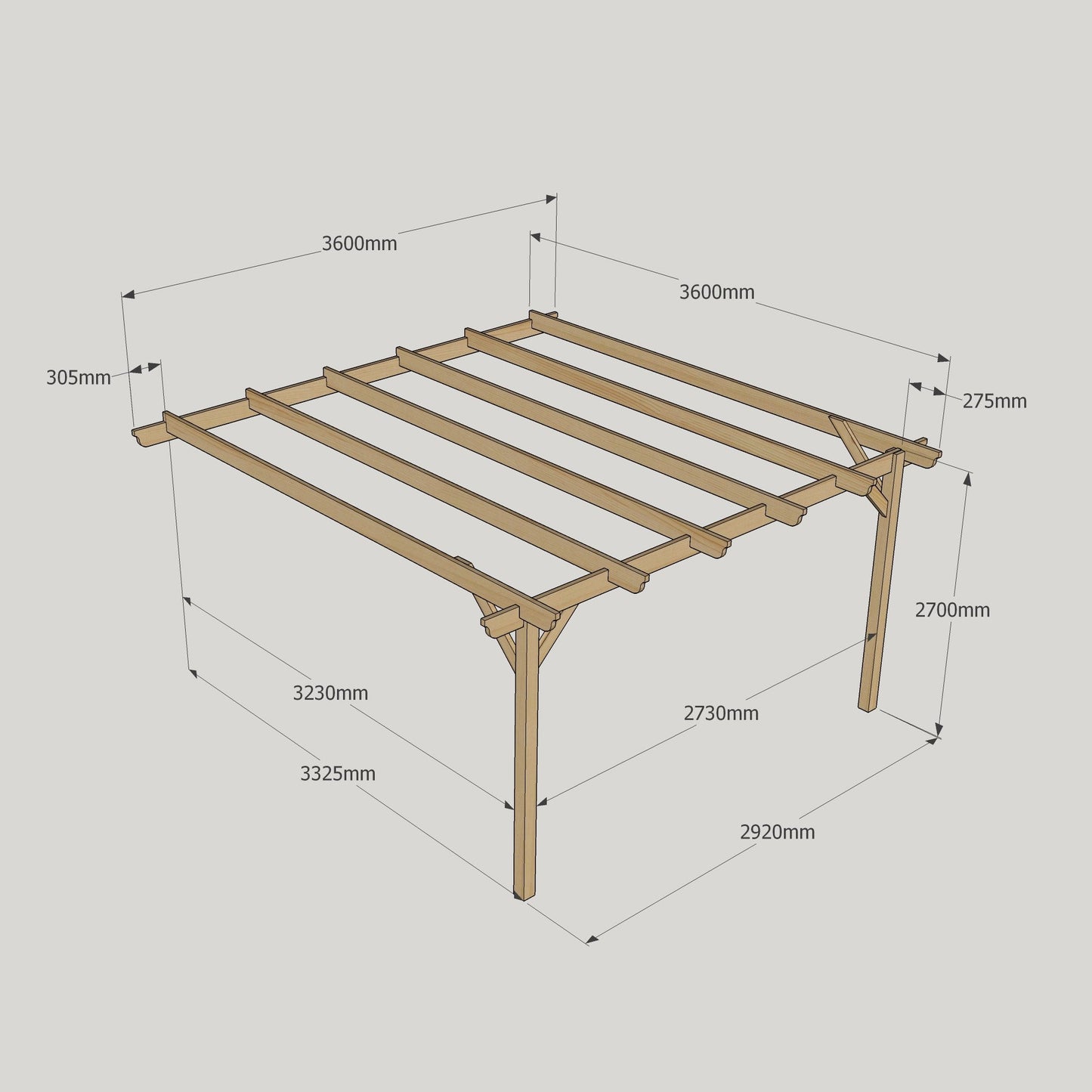 Wall Mounted Garden Pergola - Rustic Brown - 3.6m Depth x 3.6m Length