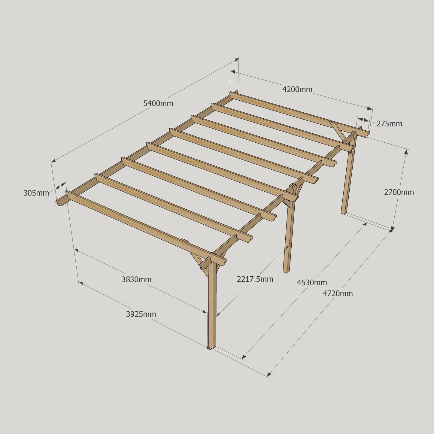 Wall Mounted Garden Pergola - Rustic Brown - 4.2m Depth x 5.4m Length
