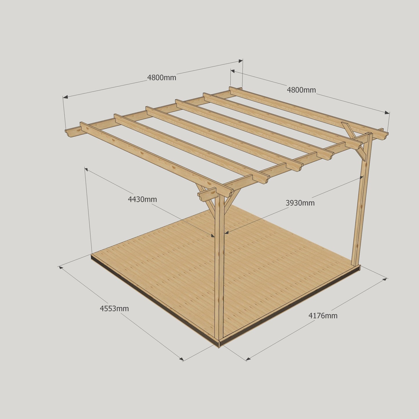 Wall Mounted Garden Pergola with Decking - Light Green - 4.8m Depth x 4.8m Length