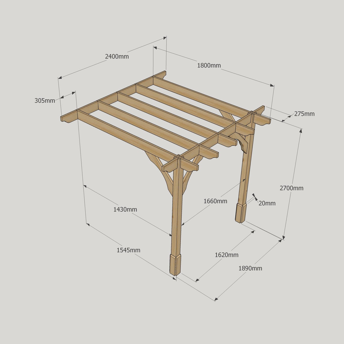 Wall Mounted Premium Pergola - Rustic Brown - 1.8m Depth x 2.4m Length