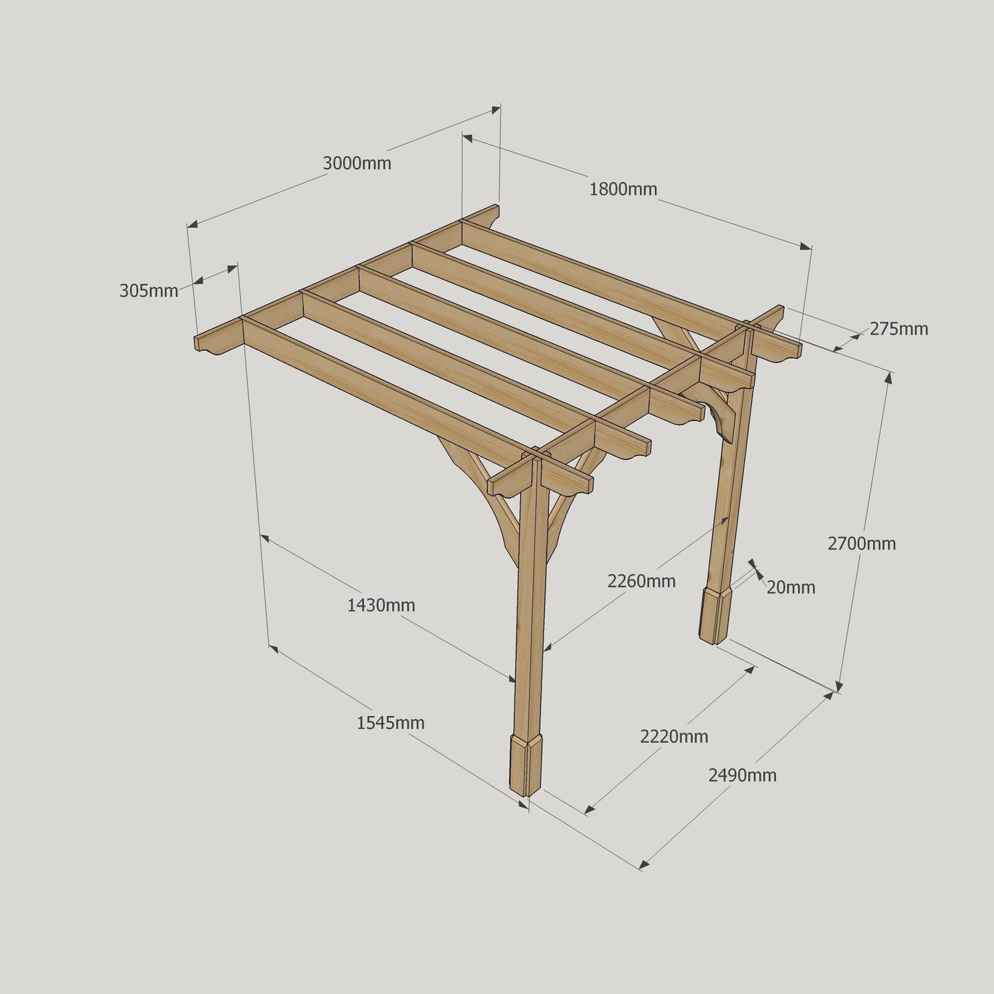 Wall Mounted Premium Pergola - Rustic Brown - 1.8m Depth x 3m Length