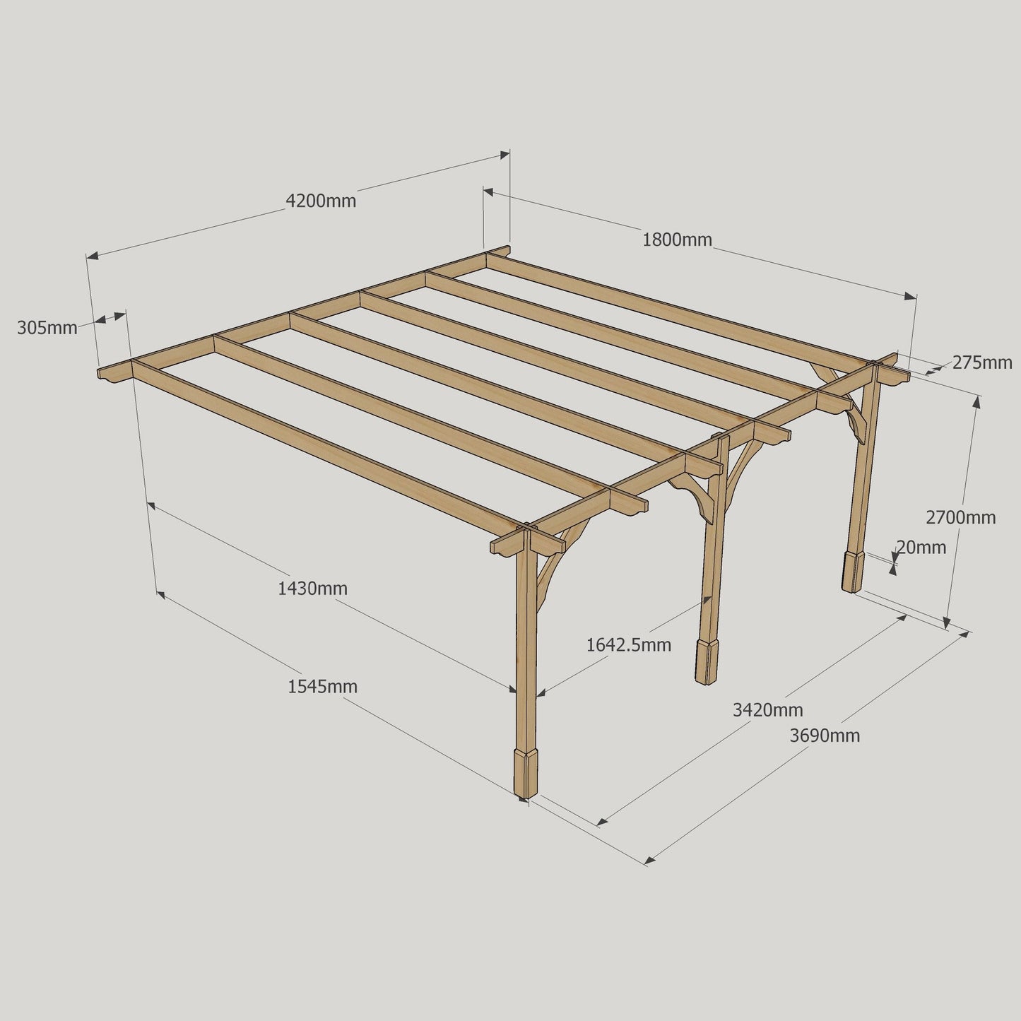 Wall Mounted Premium Pergola - Rustic Brown - 1.8m Depth x 4.2m Length