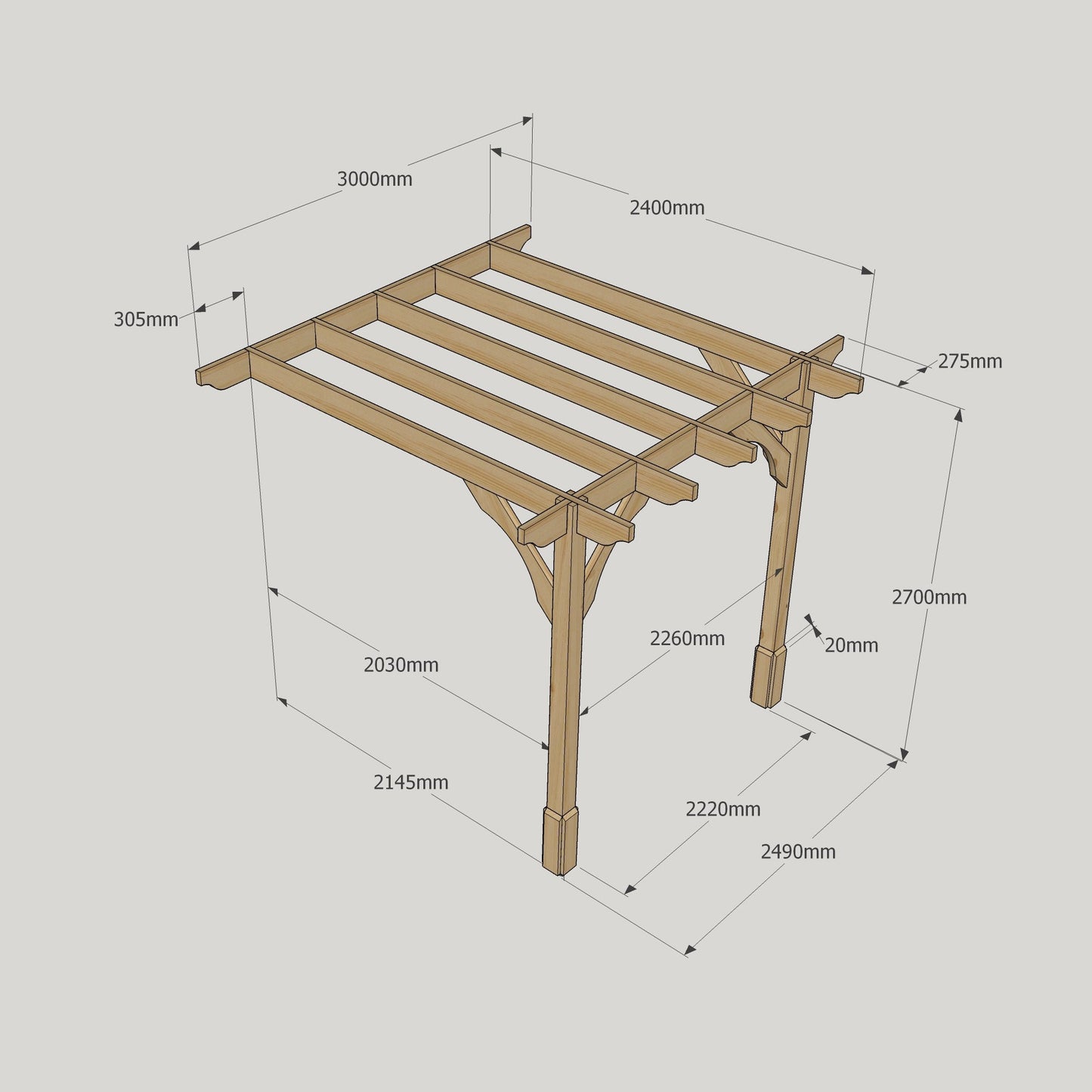 Wall Mounted Premium Pergola - Rustic Brown - 2.4m Depth x 3m Length