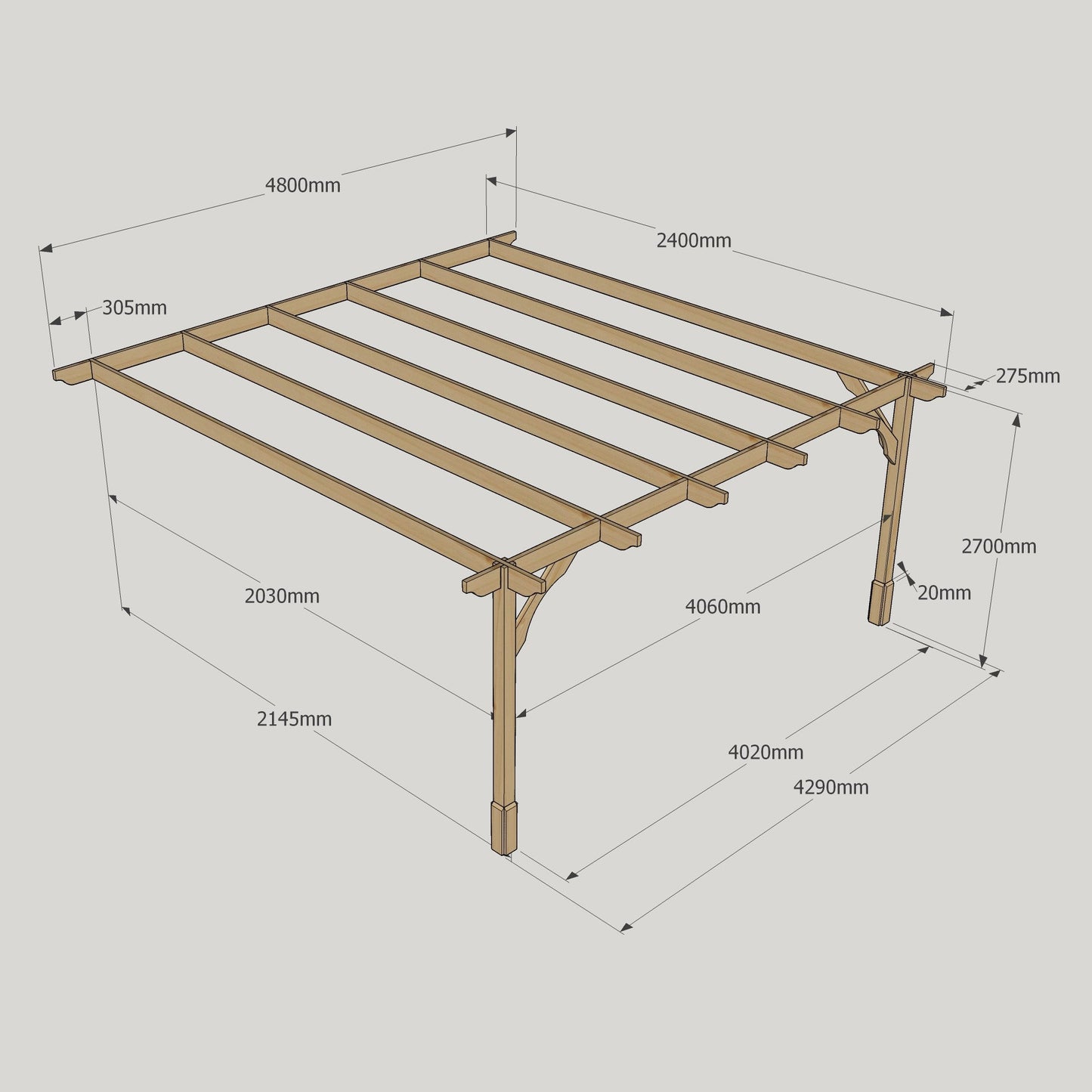 Wall Mounted Premium Pergola - Rustic Brown - 2.4m Depth x 4.8m Length