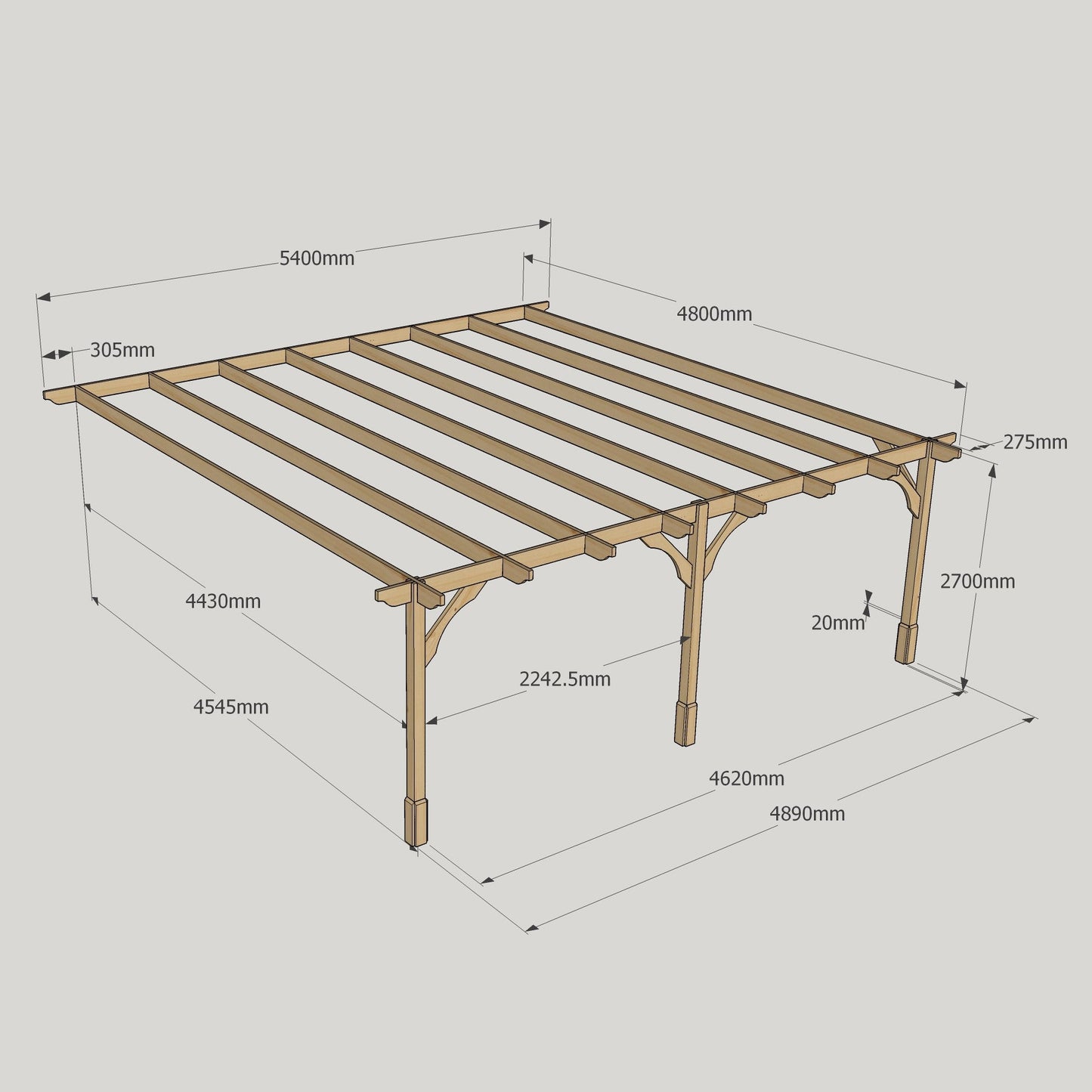 Wall Mounted Premium Pergola - Rustic Brown - 4.8m Depth x 5.4m Length