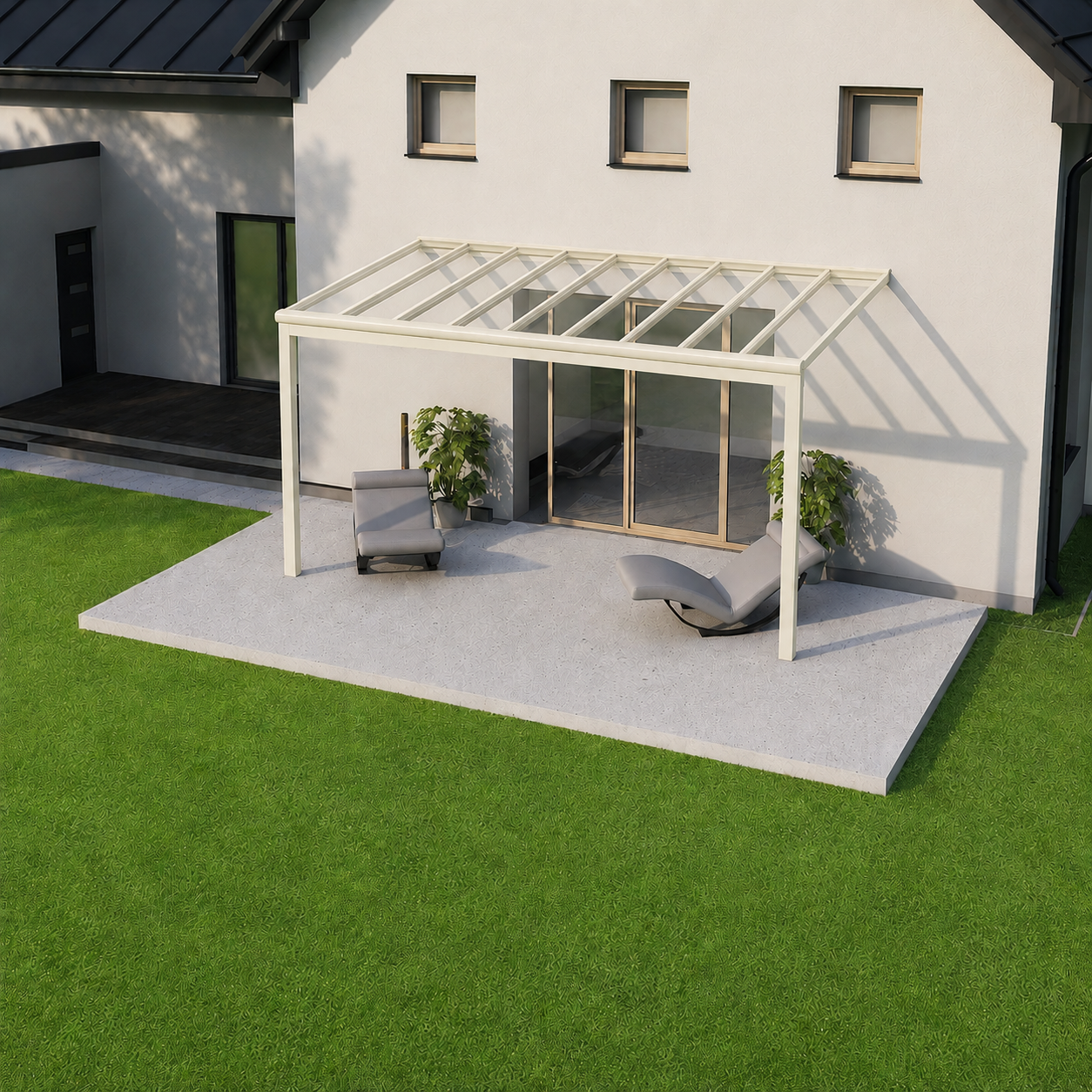 Aluminium Veranda | Deponti Pigato | Glass Roof | Steel-Reinforced Gutter | Custom Post & Gutter Styles