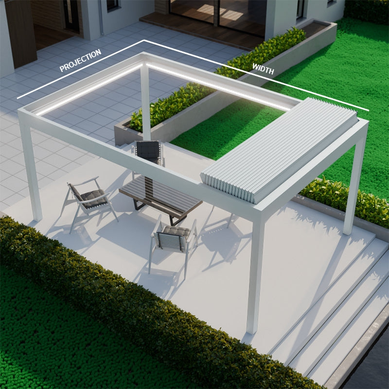The Aperto pergola in anthracite with panels fully retracted on a clear summer day