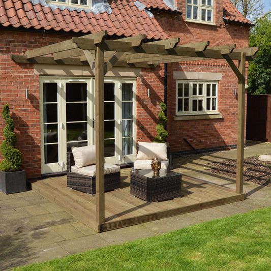 Veranda | Timber Garden Veranda | Integrated Decking Base | Wall Mounted Garden Structure | Rustic Brown | 3.6m Depth x 3.6m Length