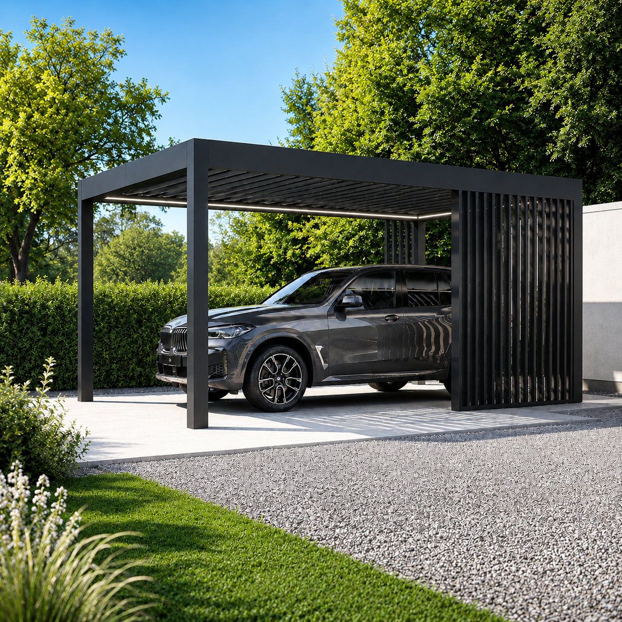 Aluminium Carport | The Riposo | Trapezoidal Roofing | Extra-Wide | Spans Up To 7m | Integrated LED