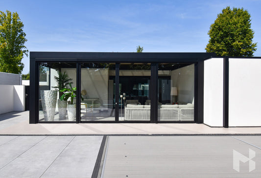MB Cube Grand by Roma Verandas - front outside closed glass sliding glass doors