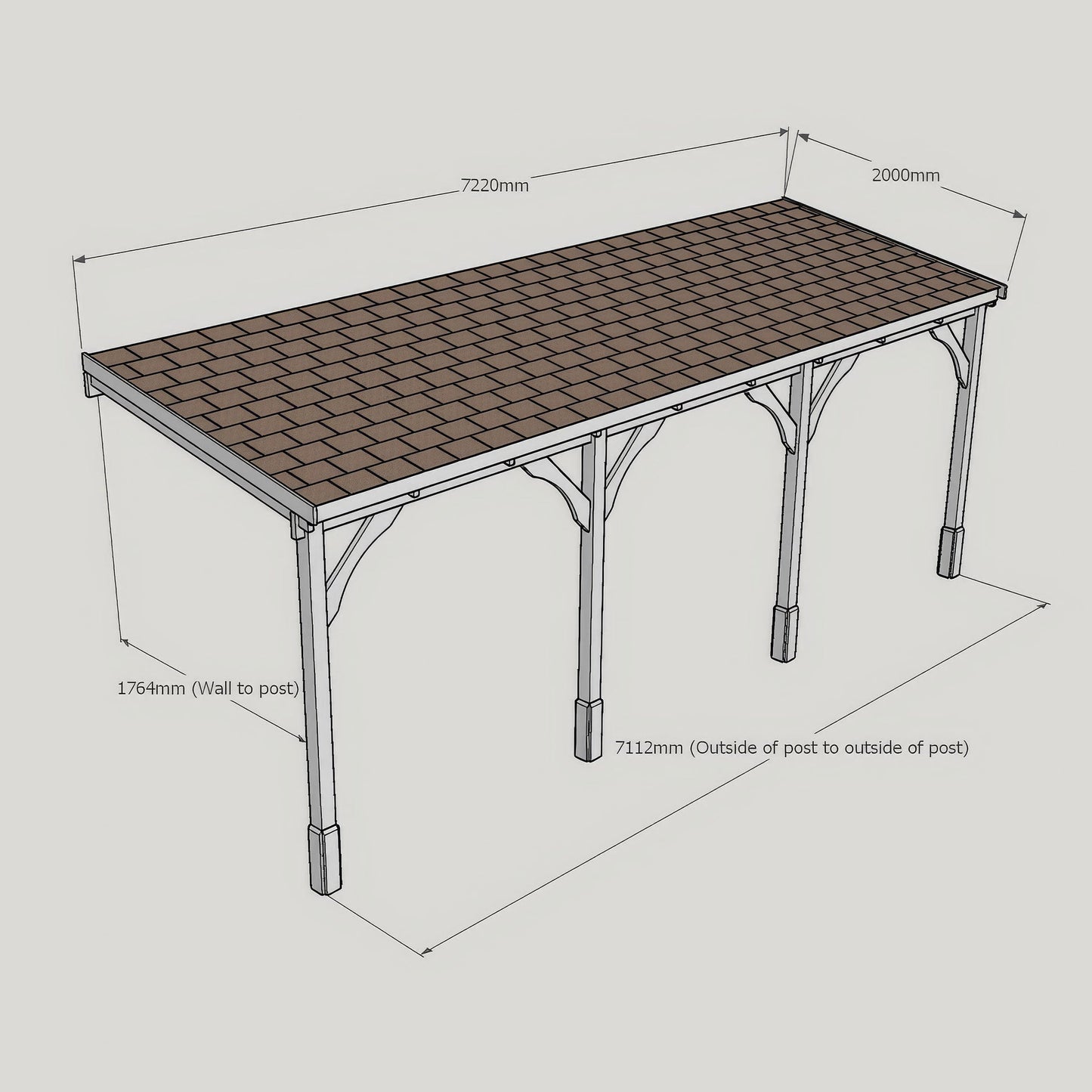 Wall Mounted Felt Shingle Roof Gazebo - Rustic Brown - 2m Depth x 7.22m Width