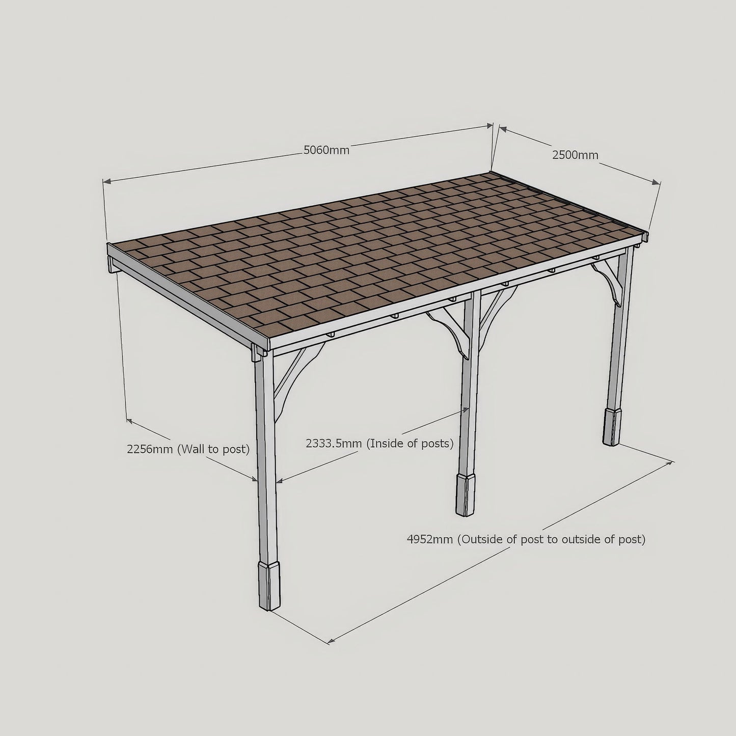 Wall Mounted Felt Shingle Roof Carport - Rustic Brown - 2.5m Depth x 5.06m Width