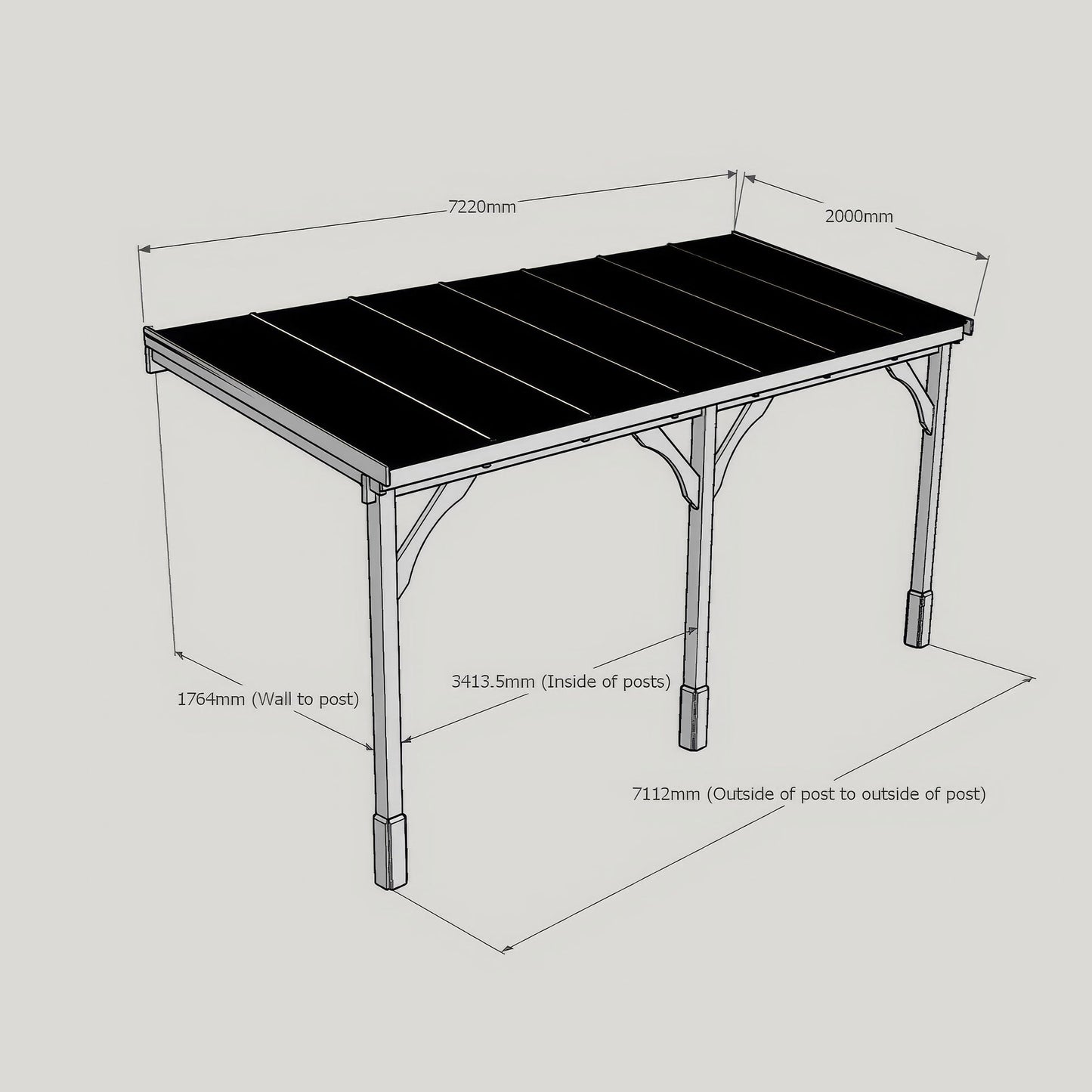 Wall Mounted Polycarbonate Roof Carport - Light Green - 2m Depth x 7.22m Width