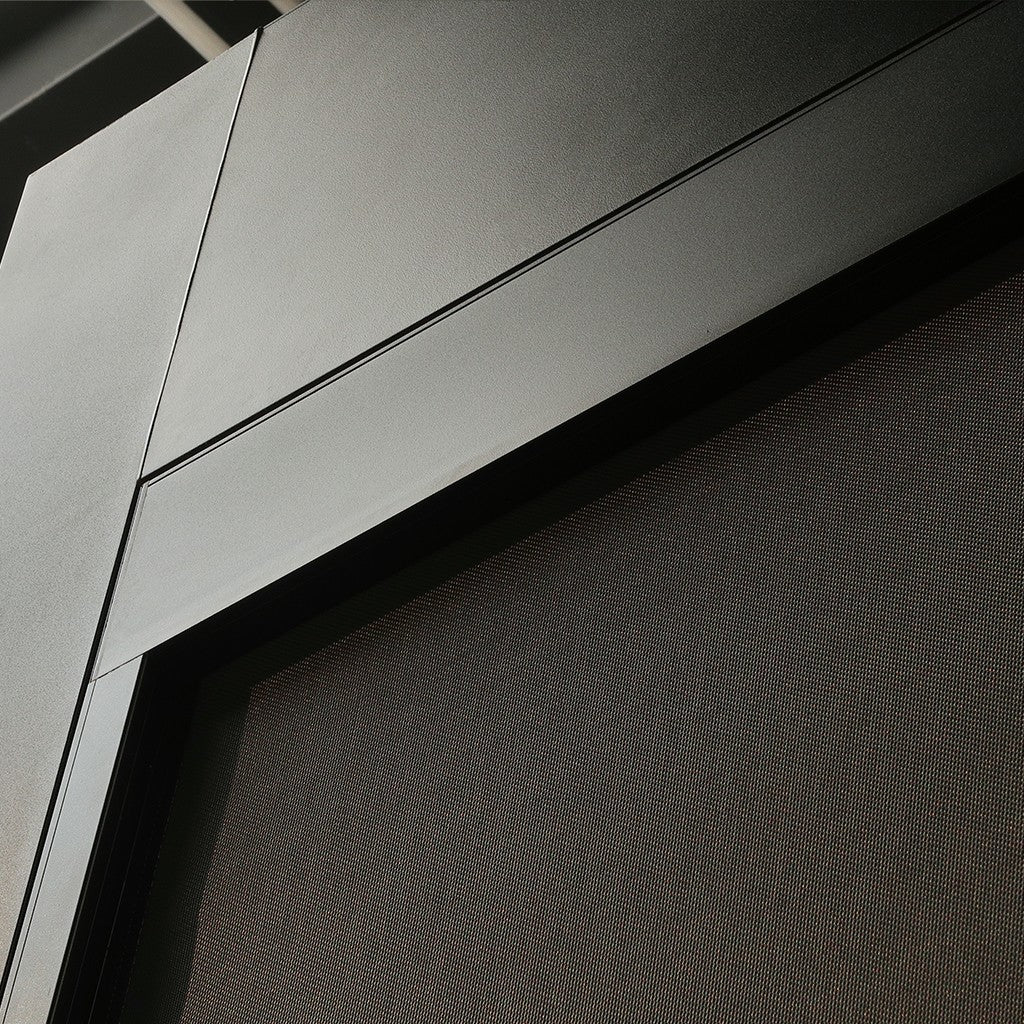Motorised side screen in black from inside, fabric screen blocking outside view