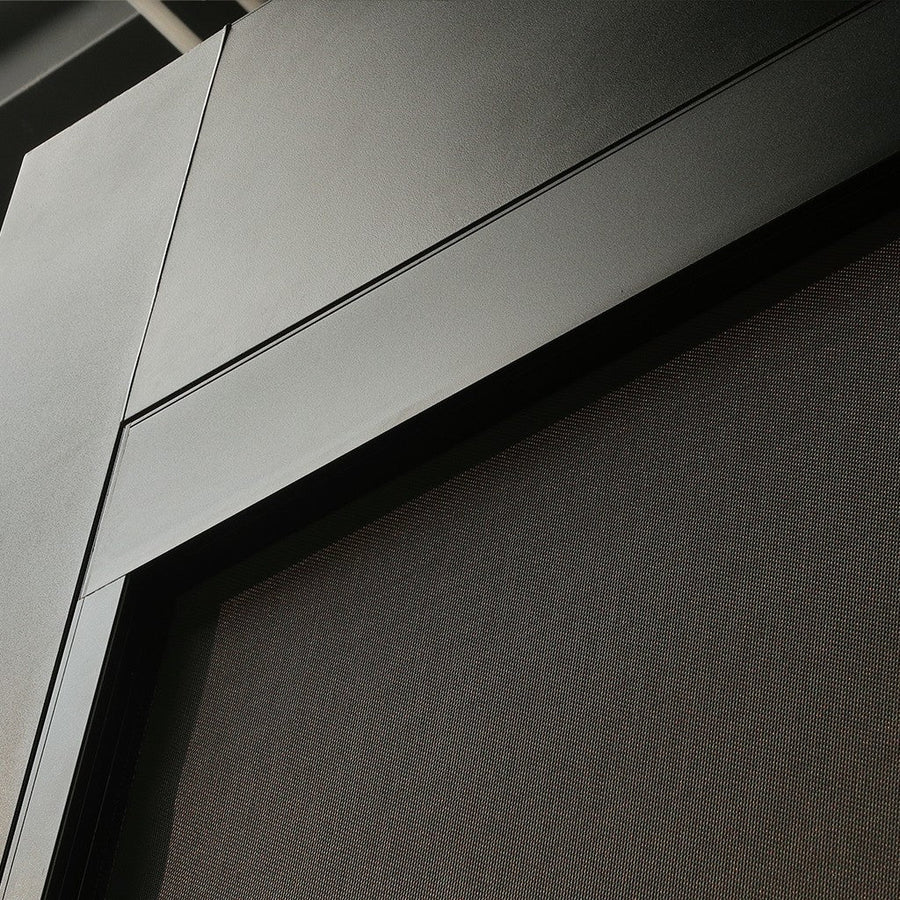 Motorised side screen in black from inside, fabric screen blocking outside view