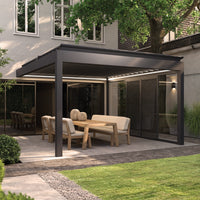 Deponti Pinela Tilt motorised louvred pergola in anthracite, wide-span louvres open overhead