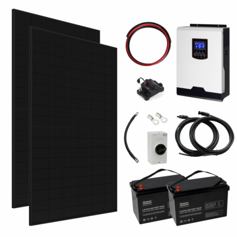 2kW complete off-grid solar power system with 430W Sharp panels, hybrid inverter and lithium batteries