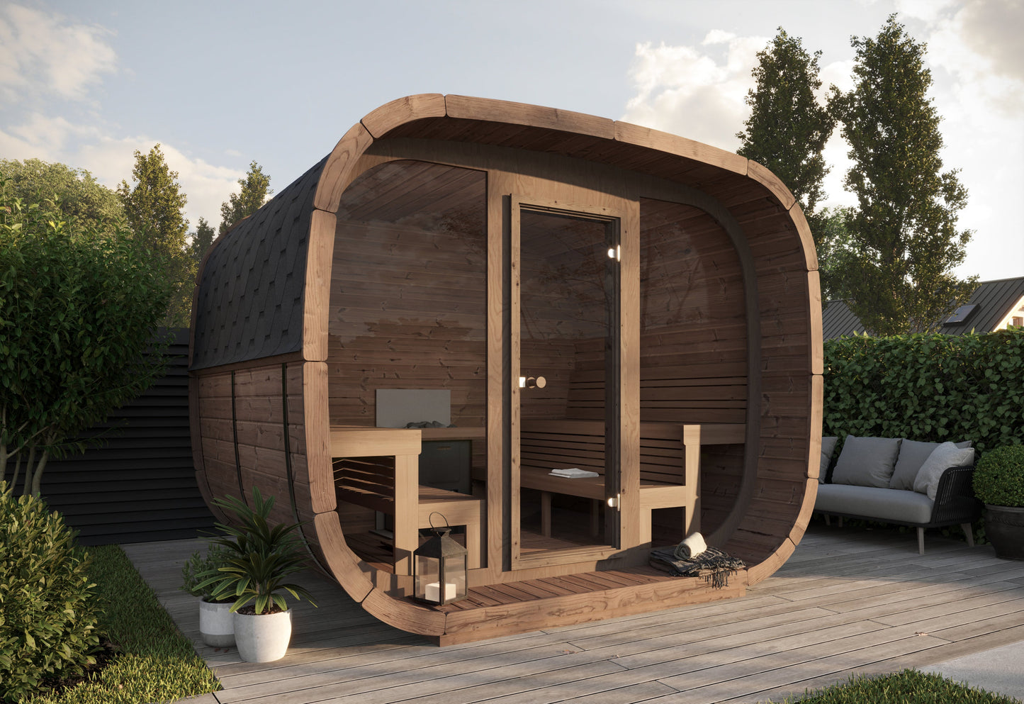 vista 240 deluxe thermowood with glass front 6 person outdoor cube sauna product exterior view — view 2