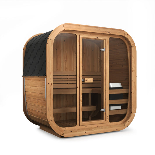 Beacon 125 Mini Deluxe Thermowood with Glass Front 2 Person Outdoor Cube Sauna cutaway render