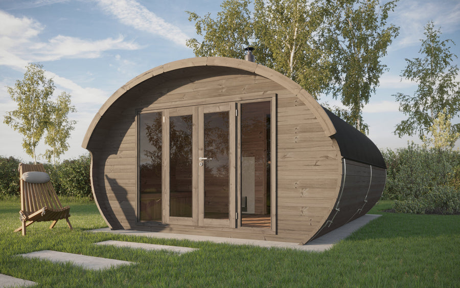 byron 400 pro thermowood with glass doors 6 person outdoor sauna studio changing room product exterior view — view 2