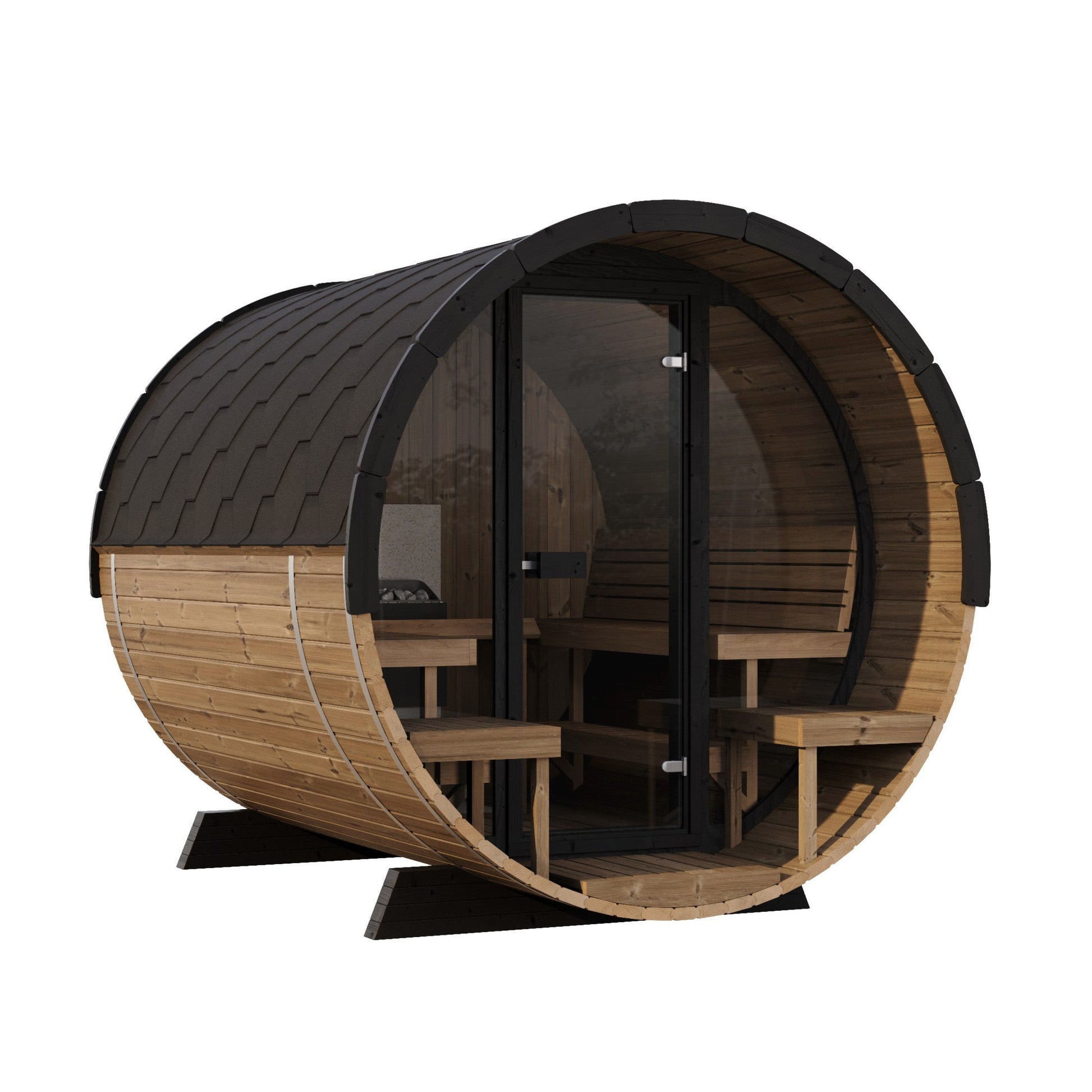 charnia 280 classic 6 person outdoor barrel sauna with terrace product exterior view — view 7