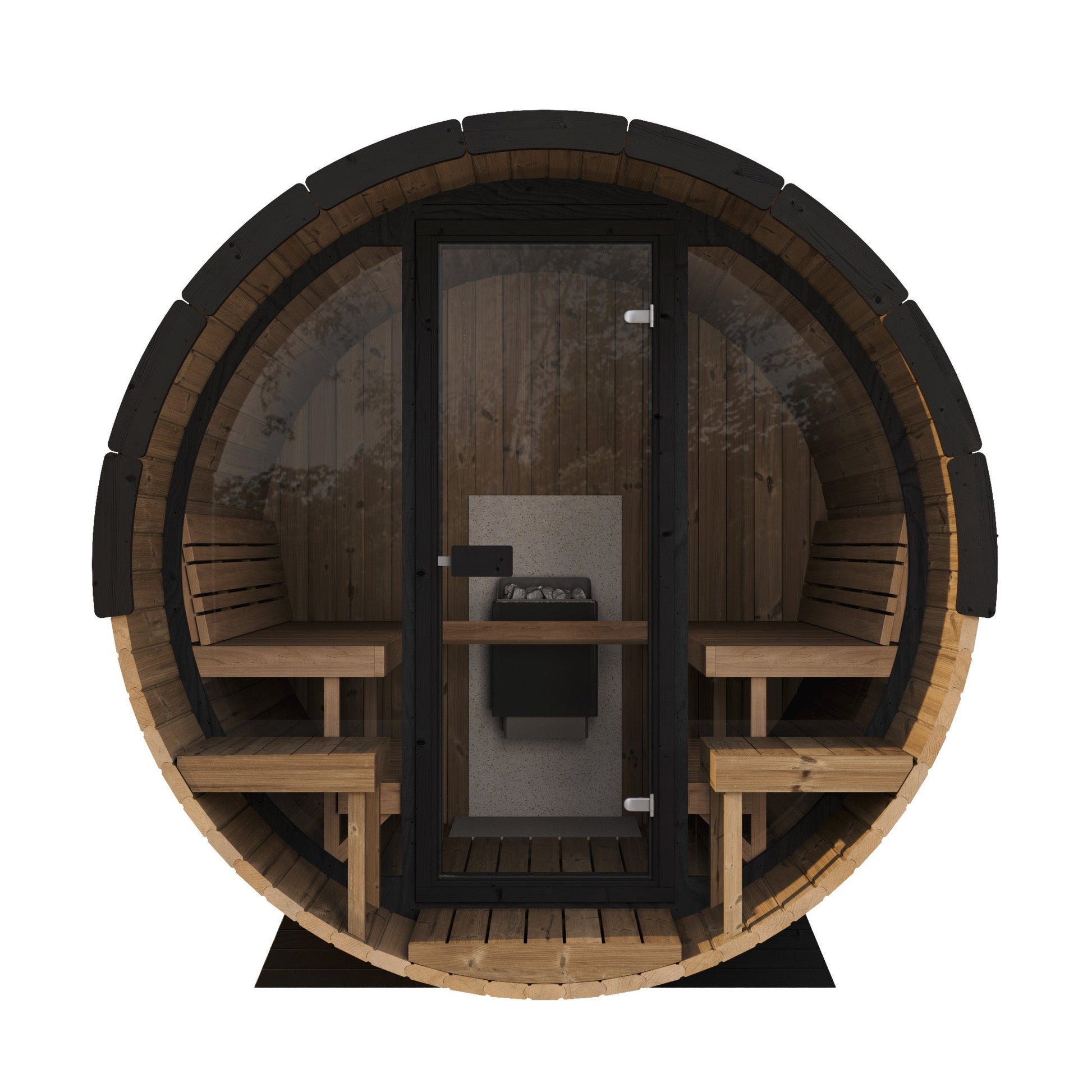 charnia 280 classic 6 person outdoor barrel sauna with terrace product exterior view — view 8