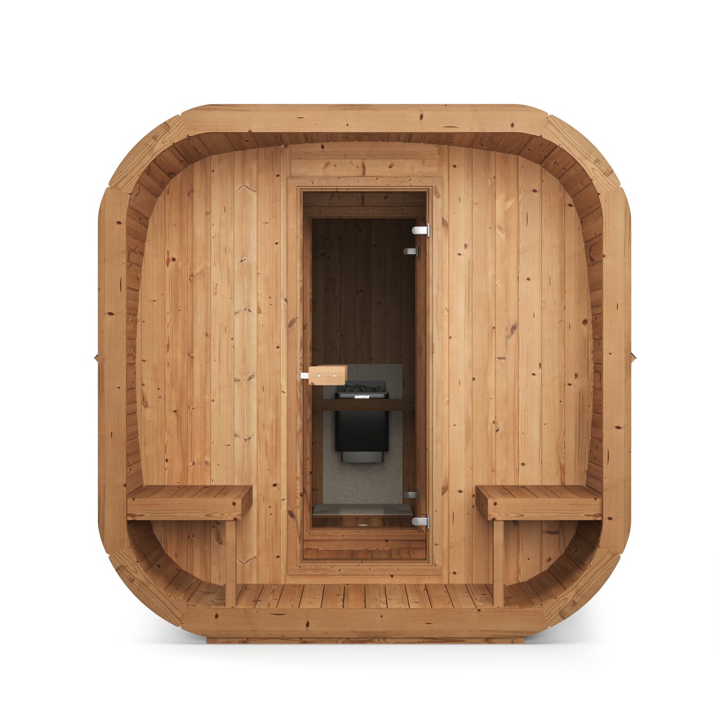 beacon 385 pro thermowood 6 person outdoor cube sauna with terrace changing room product exterior view — view 3