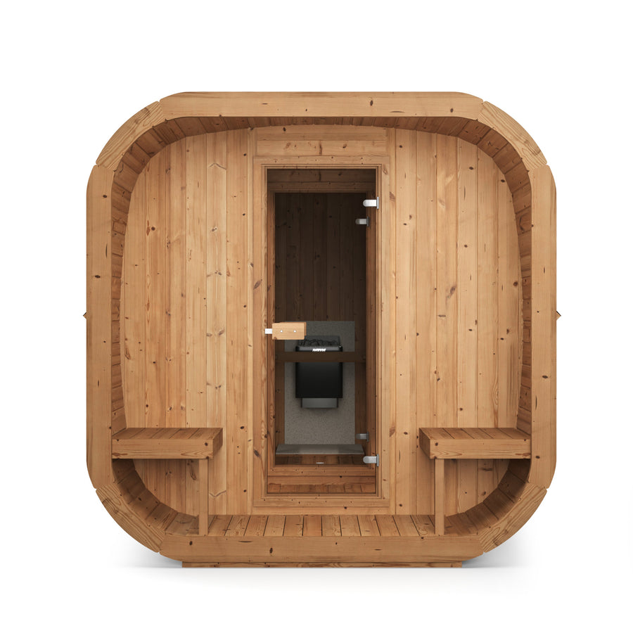 beacon 385 pro thermowood 6 person outdoor cube sauna with terrace changing room product exterior view — view 3
