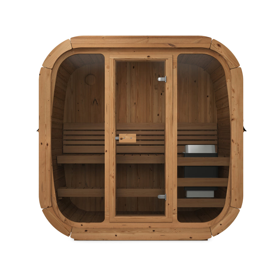 beacon 125 mini deluxe thermowood with glass front 2 person outdoor cube sauna product exterior view — view 4