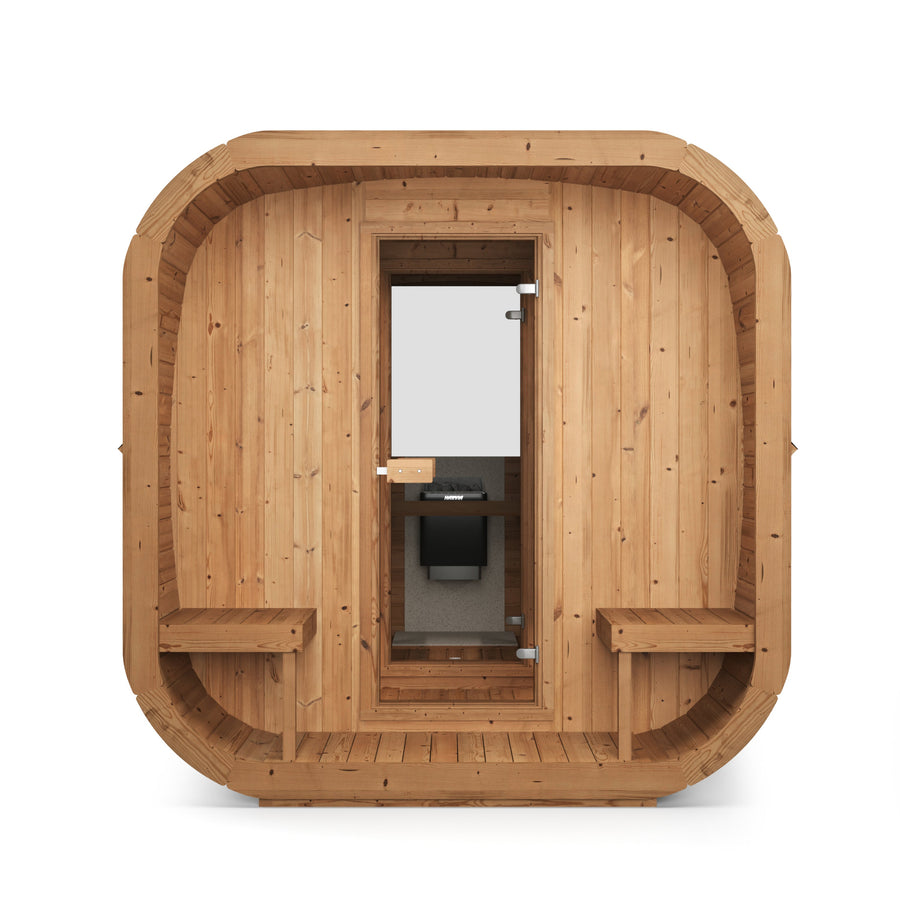 beacon 385 pro thermowood 6 person outdoor cube sauna with terrace changing room product exterior view — view 7