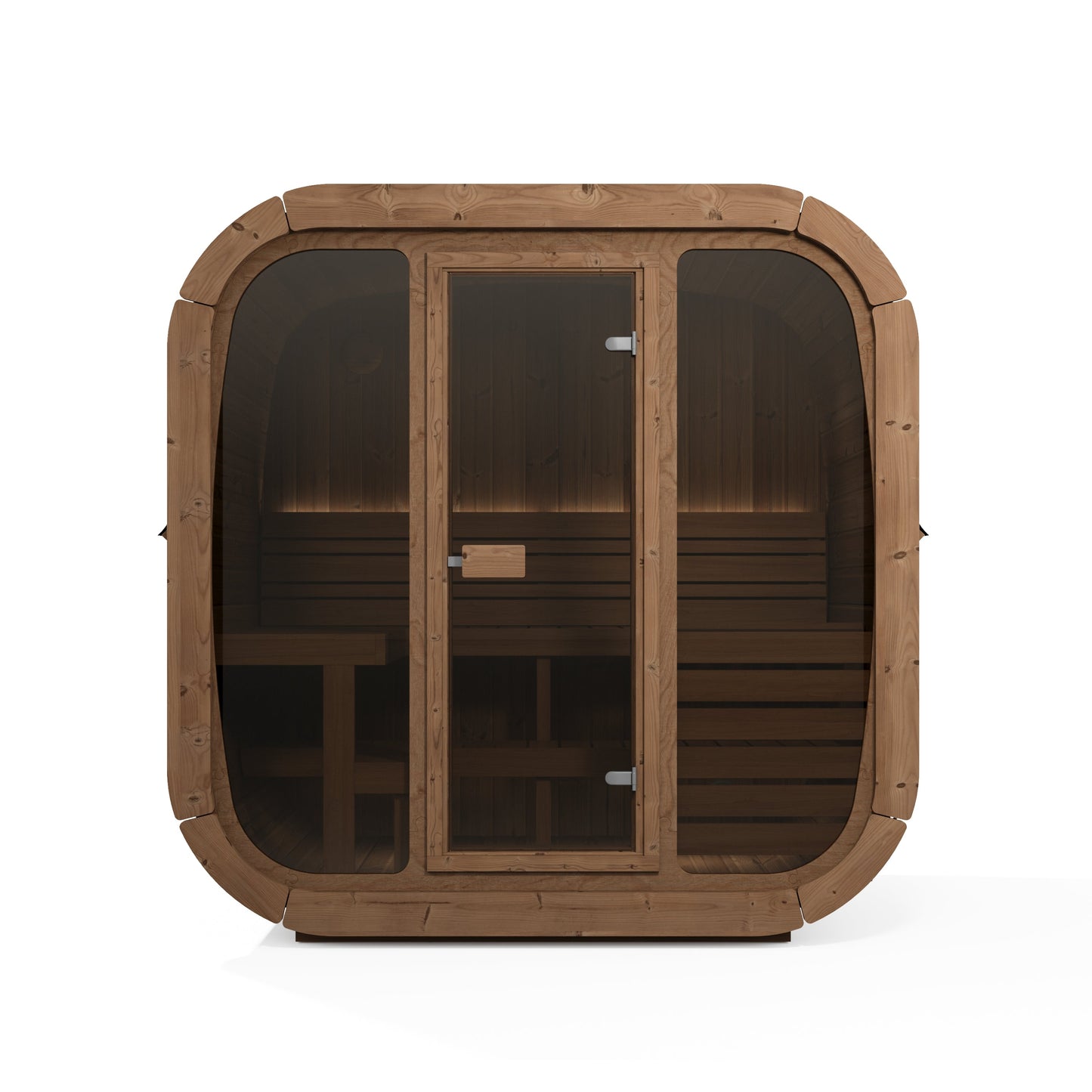 beacon 160 plus deluxe thermowood with glass front 4 person outdoor cube sauna product exterior view — view 4