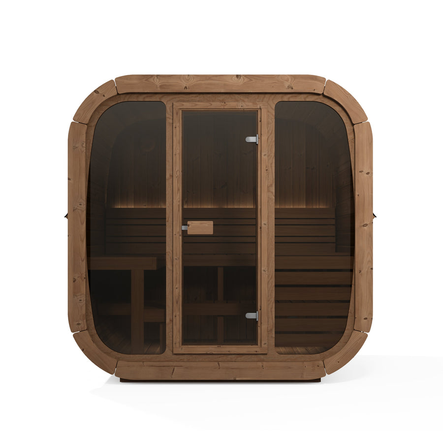 beacon 160 plus deluxe thermowood with glass front 4 person outdoor cube sauna product exterior view — view 4