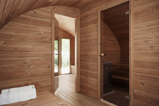 byron 400 pro thermowood with glass doors 6 person outdoor sauna studio changing room product exterior view