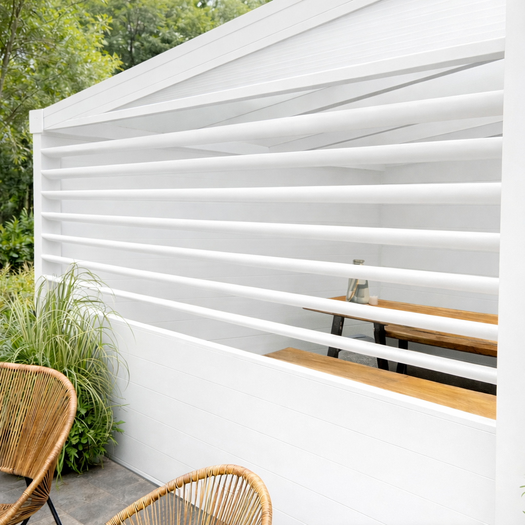 Rotatable aluminium louvre side panel in anthracite on a veranda with slats open