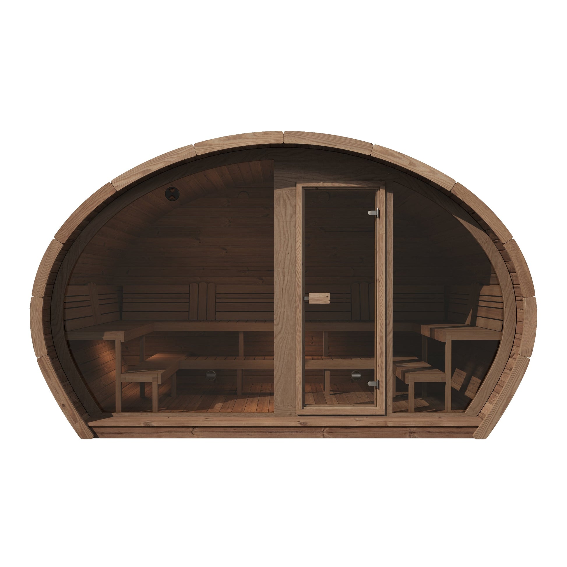 wanaka 400 deluxe thermowood with glass front 10 person outdoor sauna product exterior view — view 2