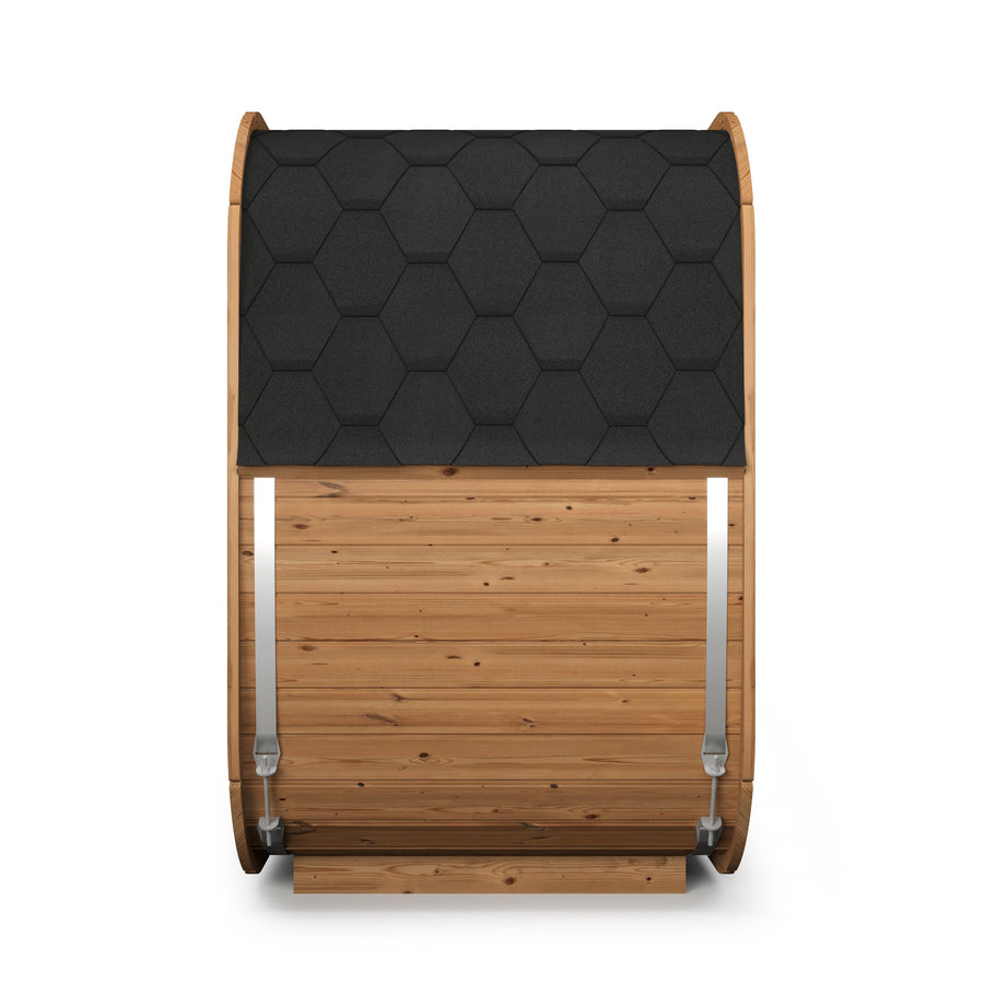 beacon 125 mini deluxe thermowood with glass front 2 person outdoor cube sauna cutaway render