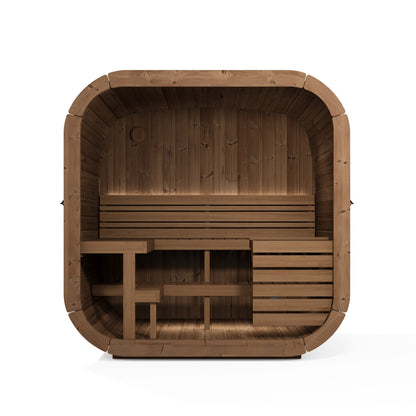 beacon 160 plus deluxe thermowood with glass front 4 person outdoor cube sauna product exterior view — view 2