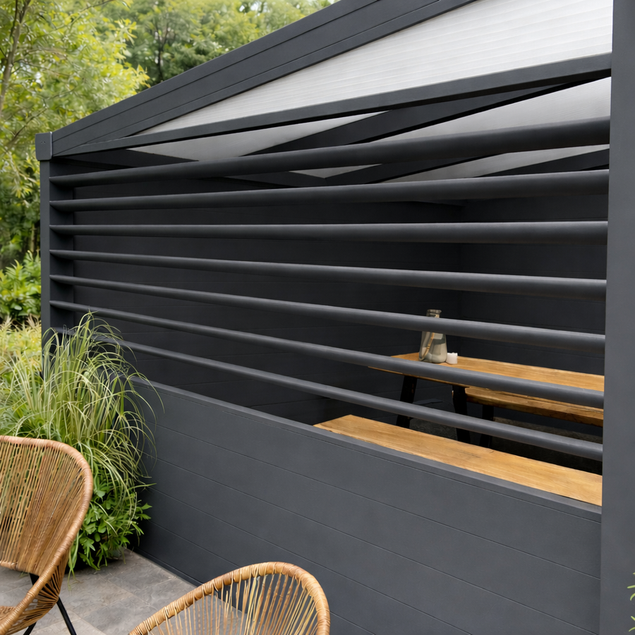 Rotatable aluminium louvre panel in anthracite with slats closed, full privacy