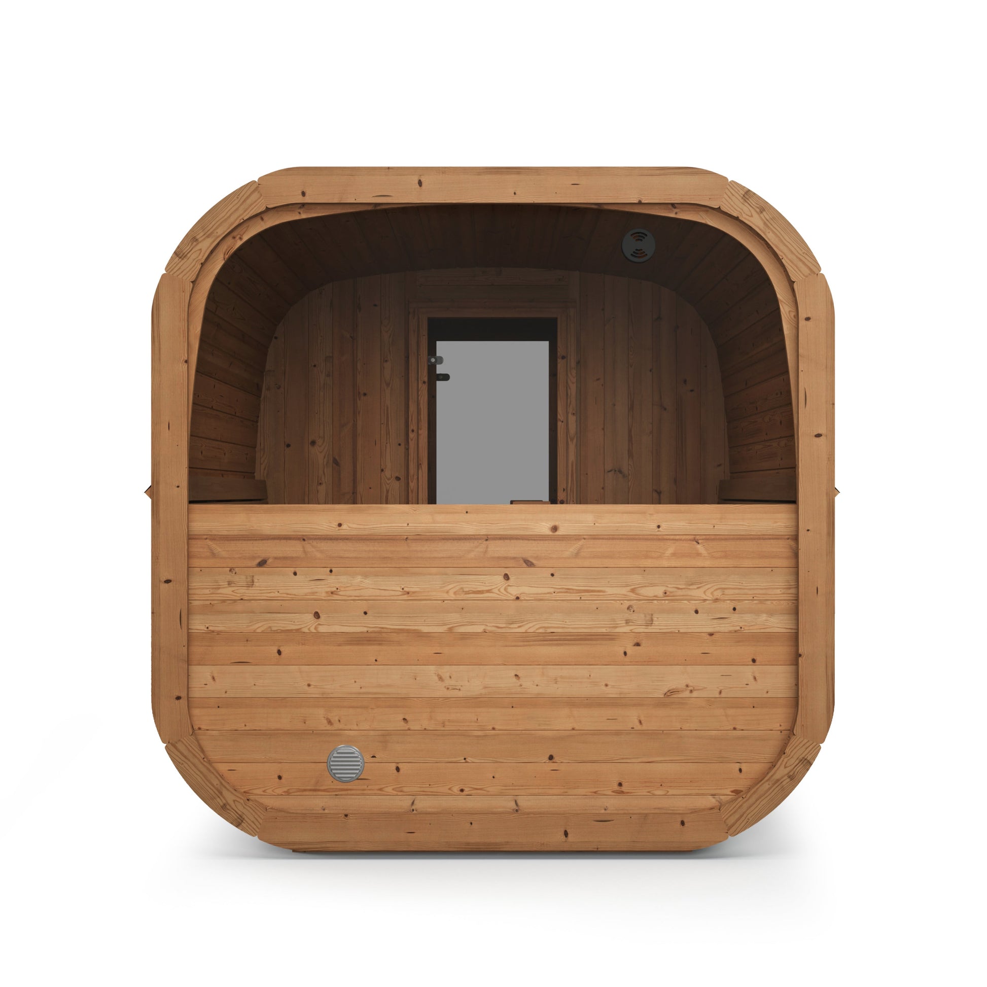 beacon 385 pro thermowood 6 person outdoor cube sauna with terrace changing room product exterior view — view 6