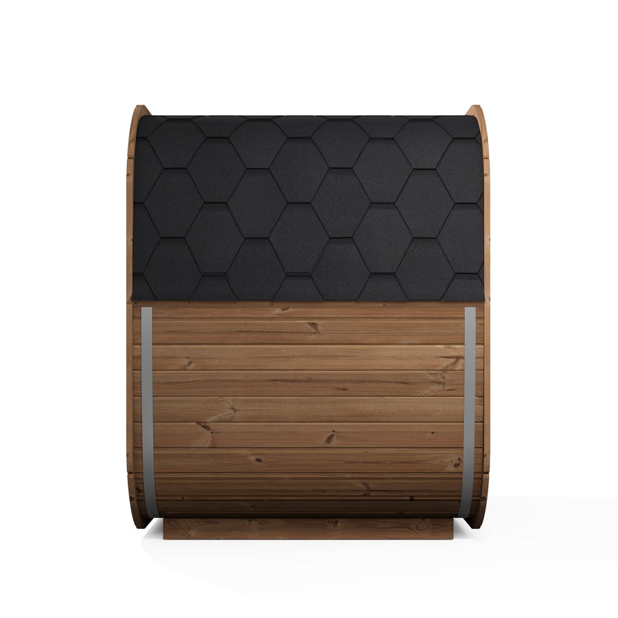 beacon 160 plus deluxe thermowood with glass front 4 person outdoor cube sauna cutaway render