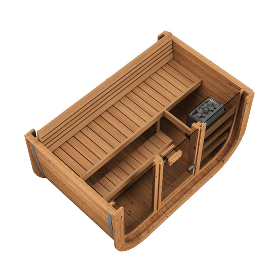 beacon 125 mini deluxe thermowood with glass front 2 person outdoor cube sauna product exterior view