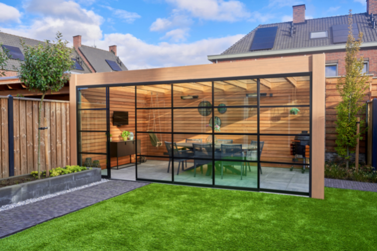 Roma Velo steel look panel installed on a louvred pergola enclosure, industrial aesthetic