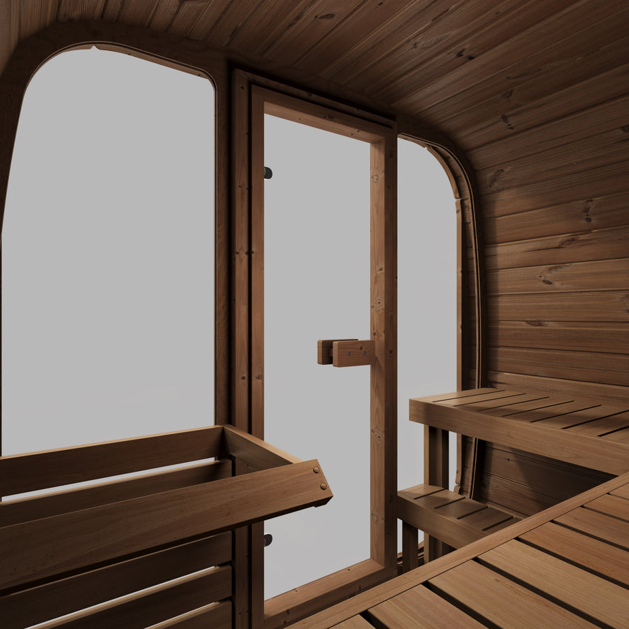 beacon 160 plus deluxe thermowood with glass front 4 person outdoor cube sauna product exterior view — view 5