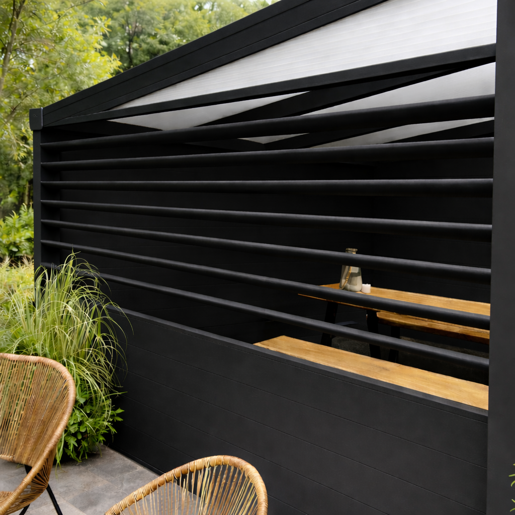 Rotatable louvre side panel in white on a veranda, slats adjusted for privacy