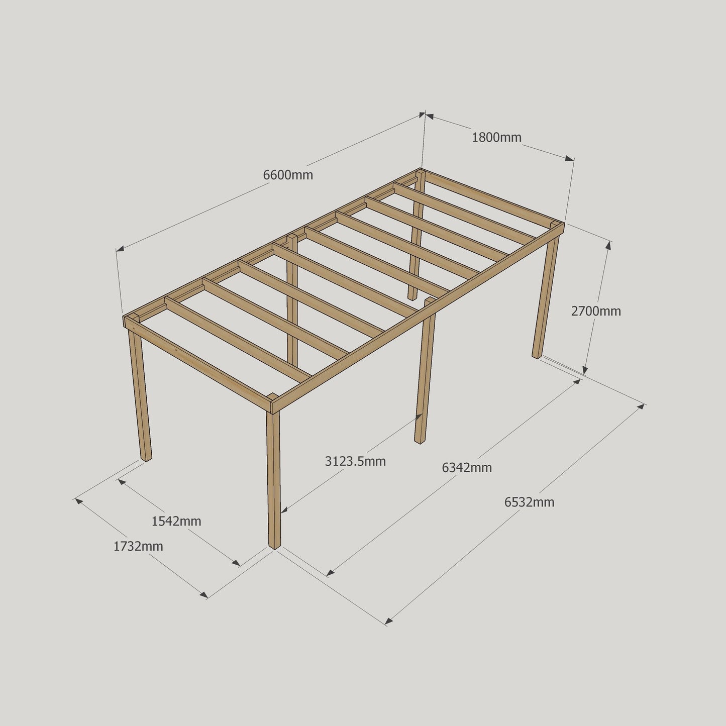 Freestanding Box Pergola - Rustic Brown - 1.8m Width x 6.6m Length