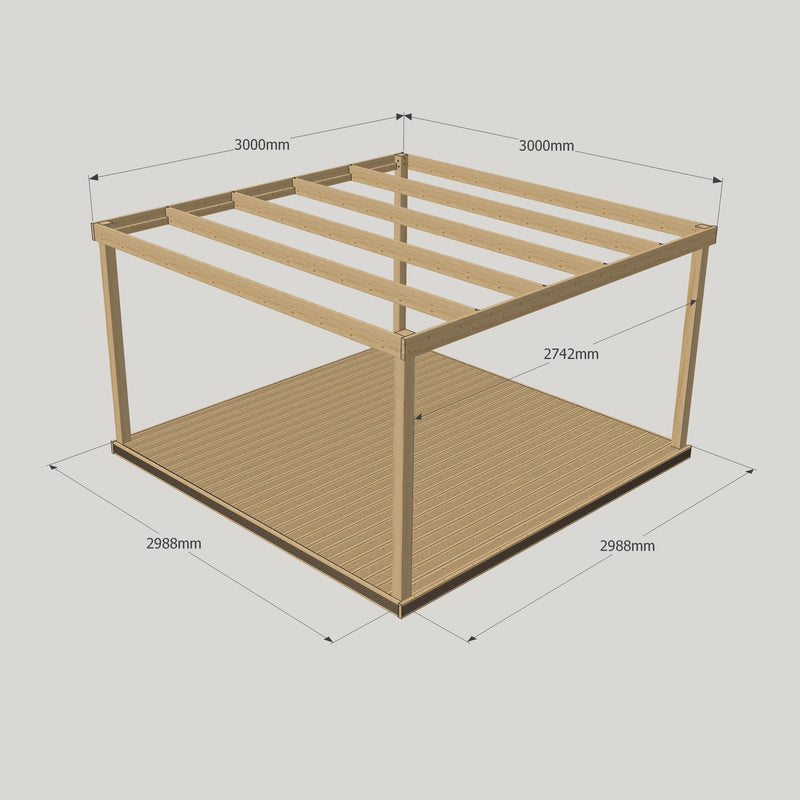 Freestanding Box Pergola with Decking - Light Green - 3m Width x 3m Length